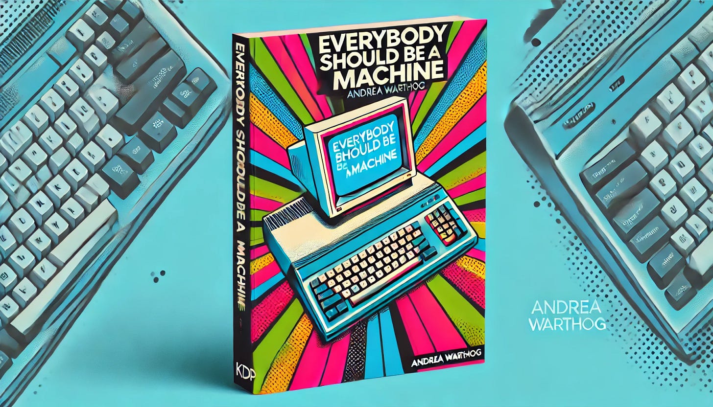 A vibrant pop art style ebook cover for the book titled 'Everybody Should Be A Machine' by Andrea Warthog. The cover prominently features an Amiga 1000 computer, stylized with bright, bold colors and thick outlines reminiscent of classic pop art. The title 'Everybody Should Be A Machine' is displayed in bold, playful fonts, with Andrea Warthog's name in a slightly smaller but matching style. The background uses contrasting, dynamic color patterns to give the cover a retro yet futuristic vibe, with the overall design fitting the aspect ratio for a KDP ebook cover. A vibrant pop art style ebook cover for the book titled 'Everybody Should Be A Machine' by Andrea Warthog. The cover prominently features an Amiga 1000 computer, stylized with bright, bold colors and thick outlines reminiscent of classic pop art. The title 'Everybody Should Be A Machine' is displayed in bold, playful fonts, with Andrea Warthog's name in a slightly smaller but matching style. The background uses contrasting, dynamic color patterns to give the cover a retro yet futuristic vibe, with the overall design fitting the aspect ratio for a KDP ebook cover.