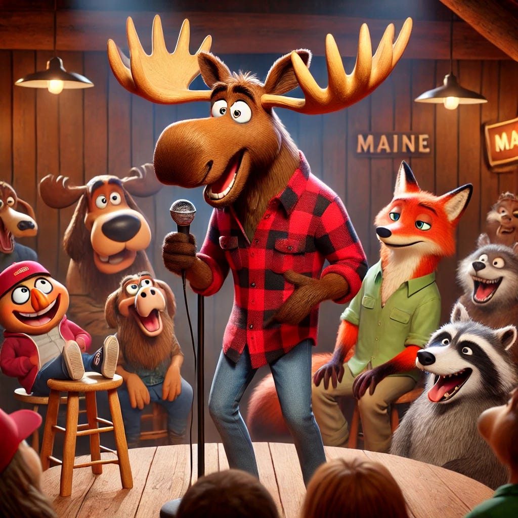 Baxter the Moose is on stage in a lively stand-up comedy club set in Maine, performing a comedy set for an audience of woodland friends in a Pixar-inspired style. Baxter, wearing a classic red flannel shirt, holds a microphone and leans forward with a playful grin as he delivers his jokes. The audience includes a cheerful fox, a laughing raccoon, a chuckling squirrel, and other forest animals, all reacting with amusement. The stage has warm lighting, a simple wooden backdrop, and a cozy atmosphere that captures a Maine forest vibe. Style inspired by Pixar.