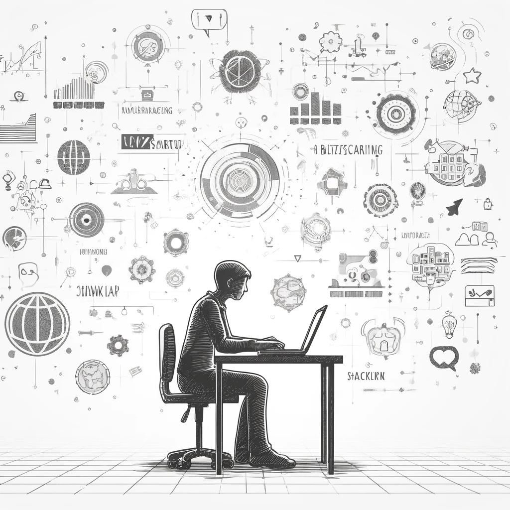 A minimalist grayscale illustration on a white background, in a sketch style, depicting a single person sitting at a computer surrounded by floating icons representing different startup strategies like blitzscaling, network effects, and growth hacking. The person appears focused and is typing rapidly, symbolizing the power of AI in enabling a single individual to manage and grow a startup. The overall tone is futuristic and conceptual, emphasizing the theme of AI-driven entrepreneurship.