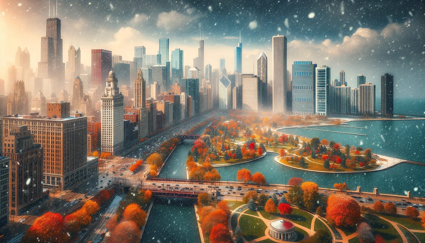 Photo showing a panoramic view of the Chicago, USA skyline. The scene captures the essence of late fall with vibrant autumn foliage on trees and a gentle snow flurry descending upon the city's iconic buildings.