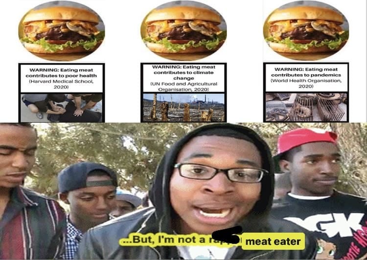 3 warning labels underneath 3 burgers with Supa Hot exclaiming that he's not a meat eater.