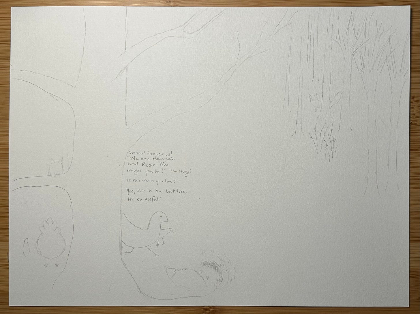 pencil sketch of Hannah and Rosie and the hedgehog and fox: one big tree in the foreground, woods in the background