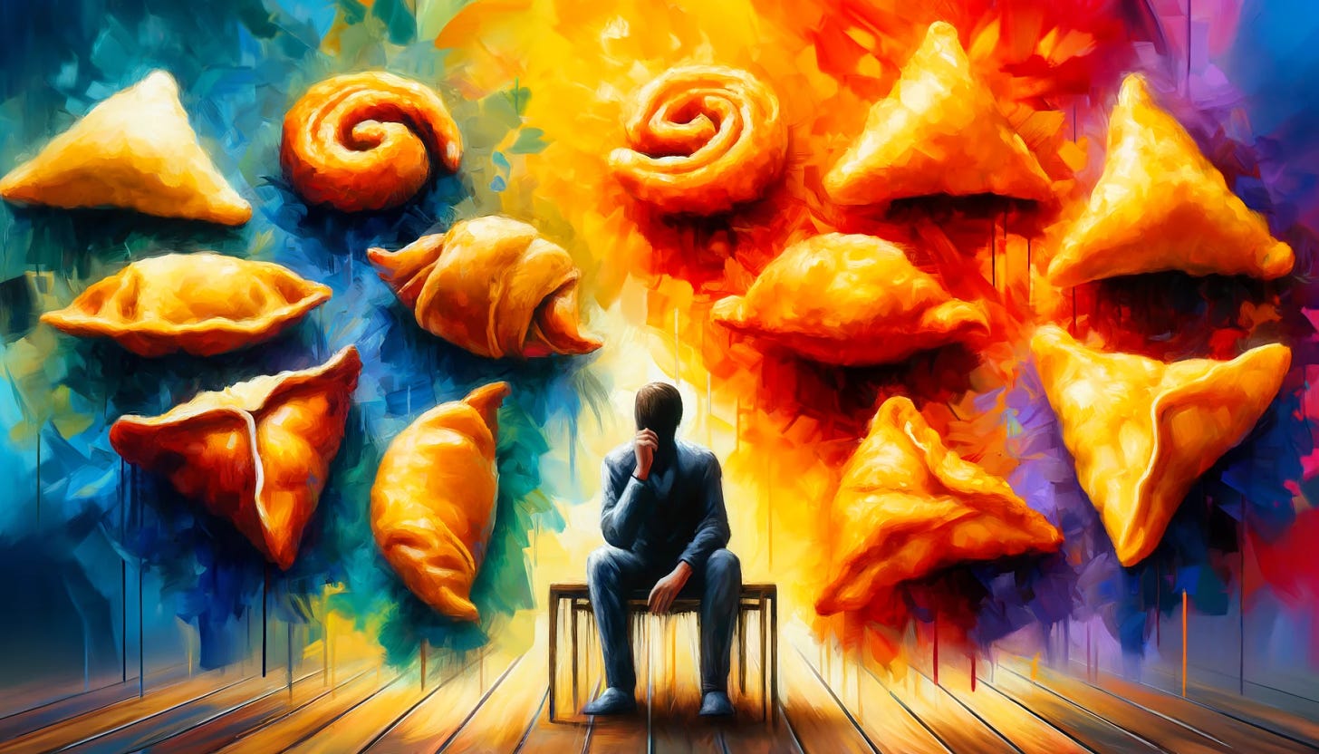 An expressionistic widescreen painting of a person sitting at a table, contemplating various types of samosas, each depicted to show different cooking methods: fried, baked, and air-fried. The fried samosas have a glossy, oily texture, the baked ones are matte and firmer, and the air-fried have a lighter, airy appearance. The person is in a thoughtful pose, reflecting the decision-making process. The background features abstract, bold brush strokes in vibrant colors to emphasize the emotional intensity of the scene.