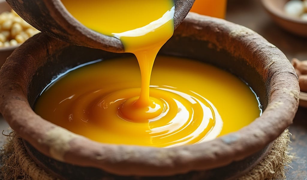 This image shows a thick, golden-yellow mixture being poured into a rustic, weathered bowl made of clay or stone. The mixture has a smooth, glossy texture, similar to honey or melted butter, and is forming ripples as it flows into the bowl. The rich color and thick consistency suggest a traditional Middle Eastern dish made by combining ingredients like butter (or ghee) and honey, possibly used as a spread or dessert topping. The rustic setting enhances the warm, inviting feel of the dish.