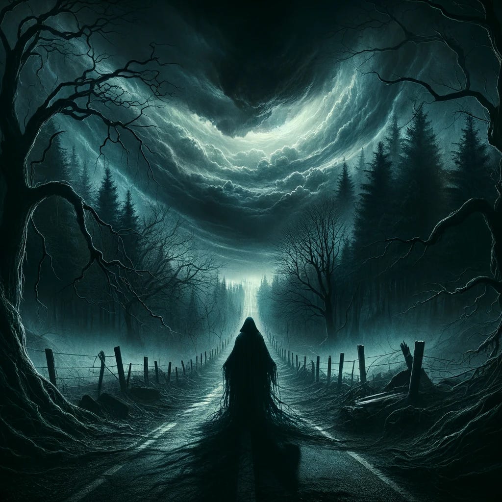 Here is an image depicting the concept of "Dark Travel." The scene shows a shadowy figure standing at the edge of a desolate road, surrounded by a dense, foreboding forest. The stormy sky above adds to the sense of danger and mystery, with flashes of lightning illuminating the scene. The color palette is dominated by shades of black, gray, and deep blues, enhancing the overall feeling of darkness and suspense.