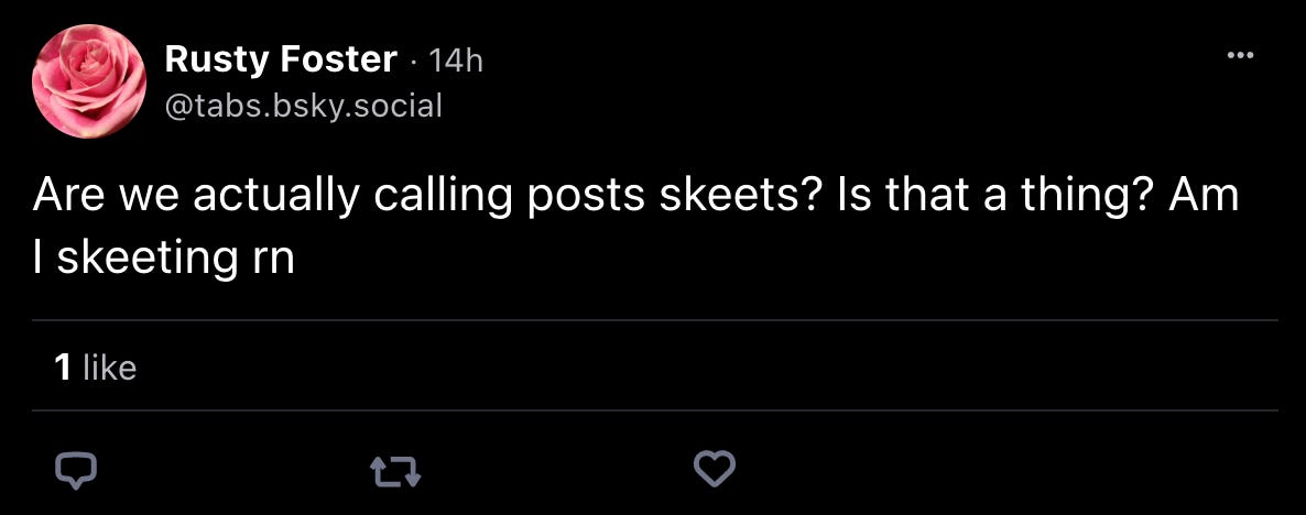 A skeet from me: “Are we actually calling posts skeets? Is that a thing? Am I skeeting rn” I was indeed.