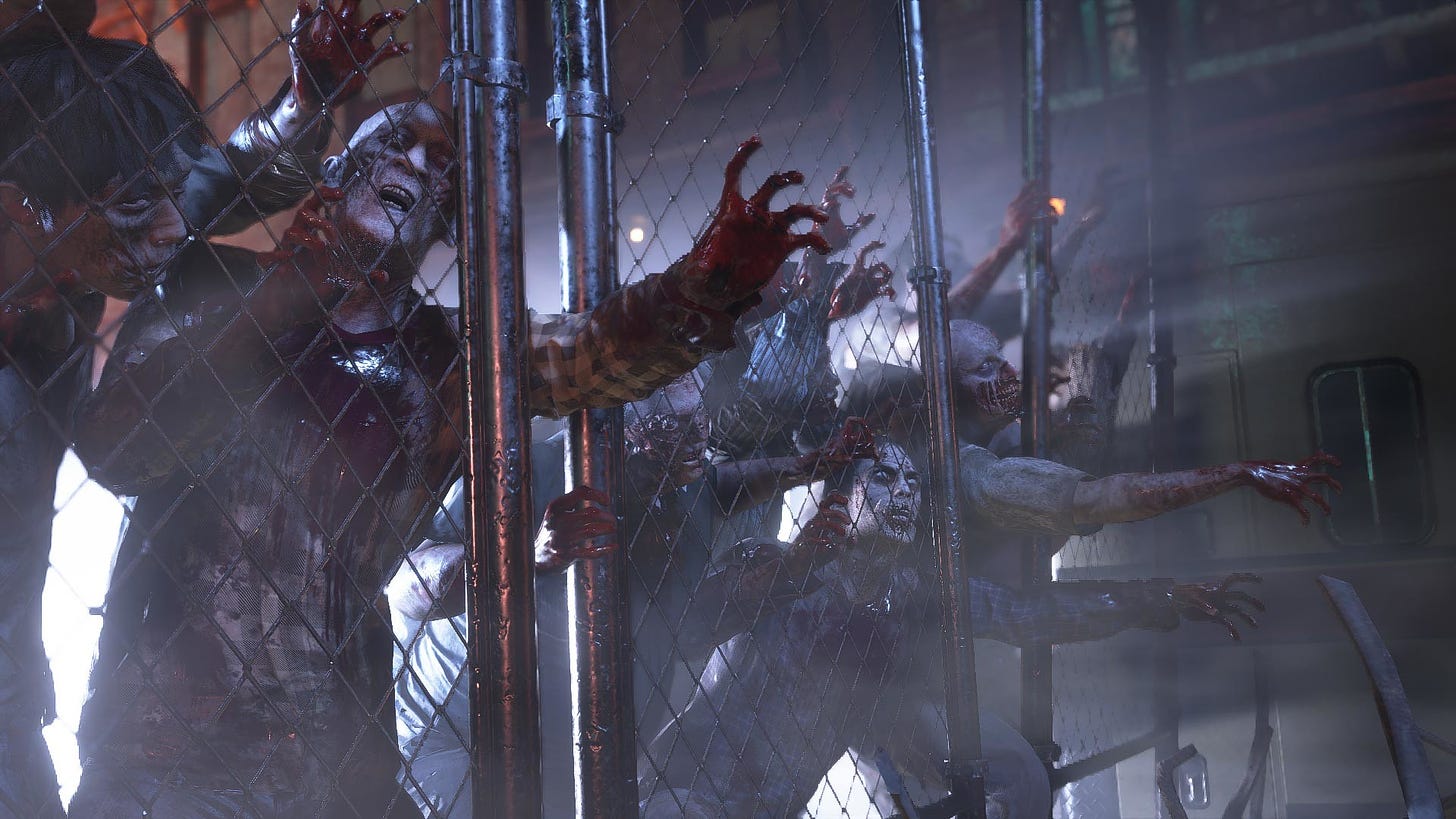 Video game screenshot of zombies pressed against a chain link fence