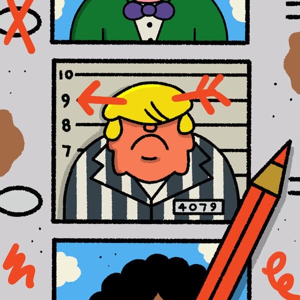 A cartoon illustration of a frowning man getting his mug shot taken. He has yellow hair that covers his eyes, while a cartoon arrow partially runs through it.