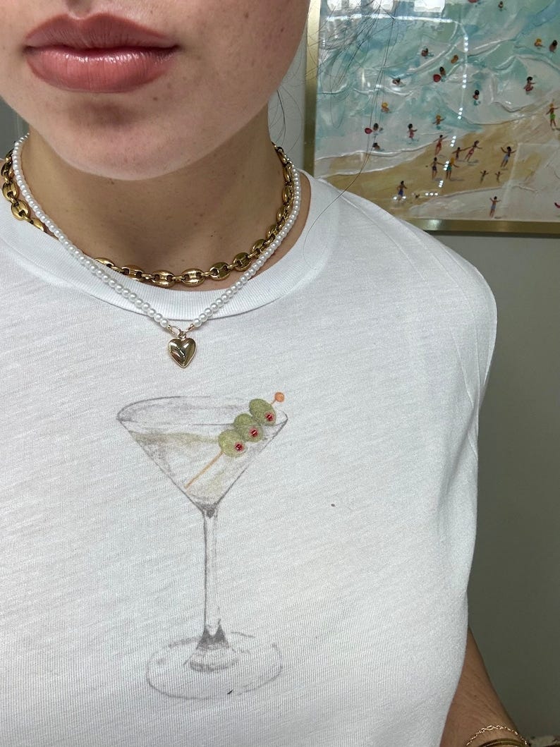 Dirty Martini Baby Tee With Beading Vintage Inspired Baby Tee Graphic Baby Tee Hand-painted Graphic T-shirt, Hand-beaded T-shirt image 1