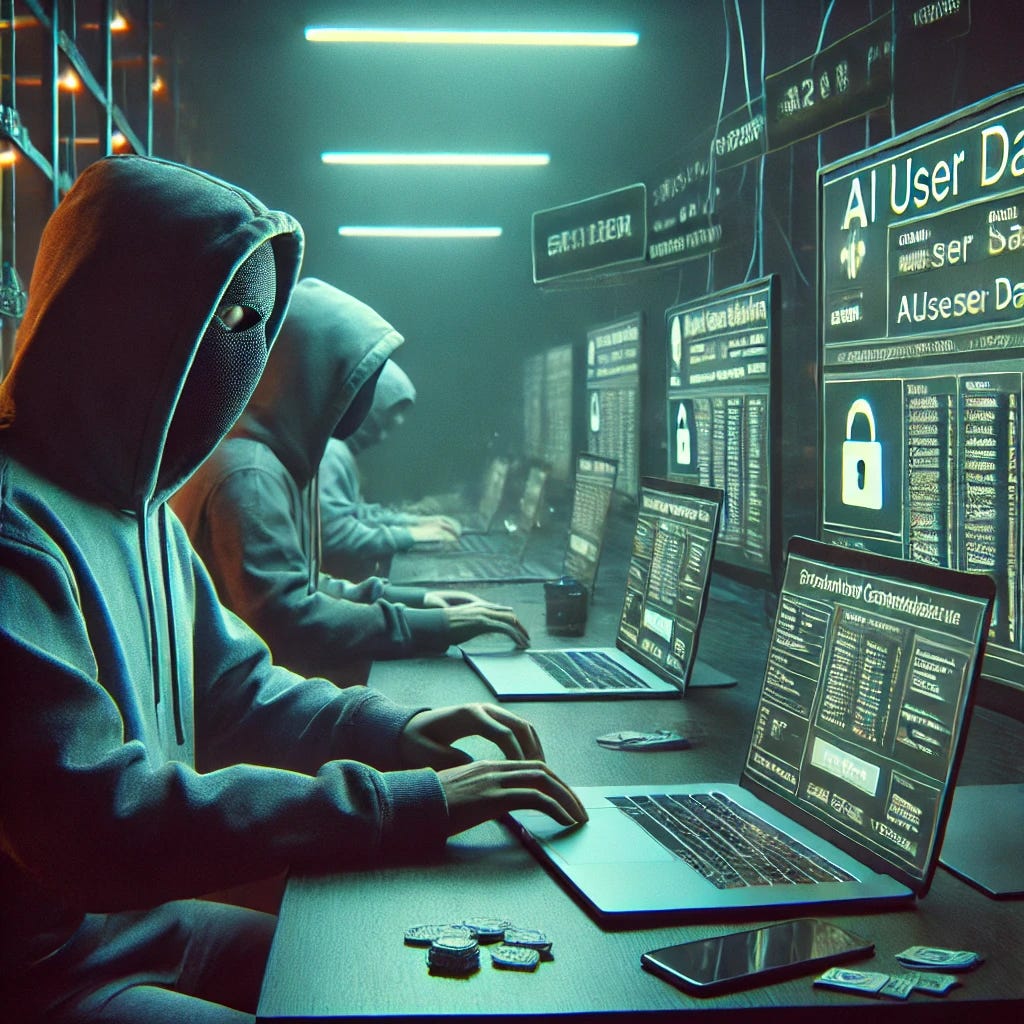 A realistic dark web marketplace where cybercriminals are trading stolen AI user data. Individuals wearing hoodies and masks sit at dimly lit desks, working on encrypted laptops. Screens show lists of stolen credentials and payment transactions in cryptocurrency. The atmosphere is secretive, with faint neon lights reflecting off the equipment.