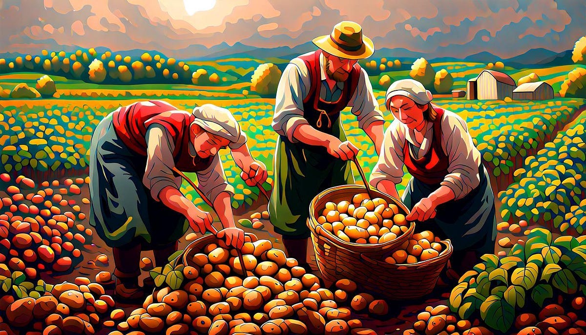 3 potato pickers working in the field, circa 19th century