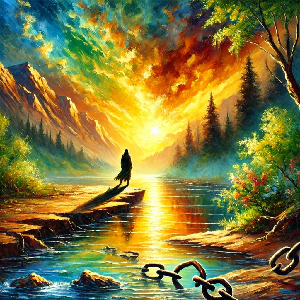 A vibrant oil painting symbolizing a journey of transformation and renewal. The scene shows a lone figure standing at the edge of a serene river under a vast, golden sunrise, representing hope and new beginnings. The background features rugged mountains and lush forests, symbolizing life's challenges and resilience. A broken chain lies at the figure's feet, signifying freedom and liberation. Expressive, bold strokes with a warm, glowing color palette of golds, greens, and deep blues dominate the composition. The style emphasizes an emotional and introspective tone.