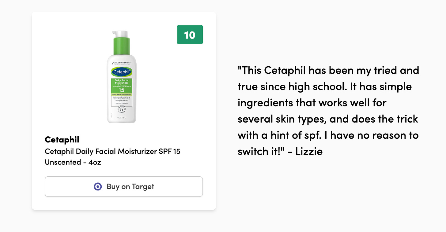 A screenshot of Cetaphil face moisturizer, and a review talking about how great it is. It gets a 10!