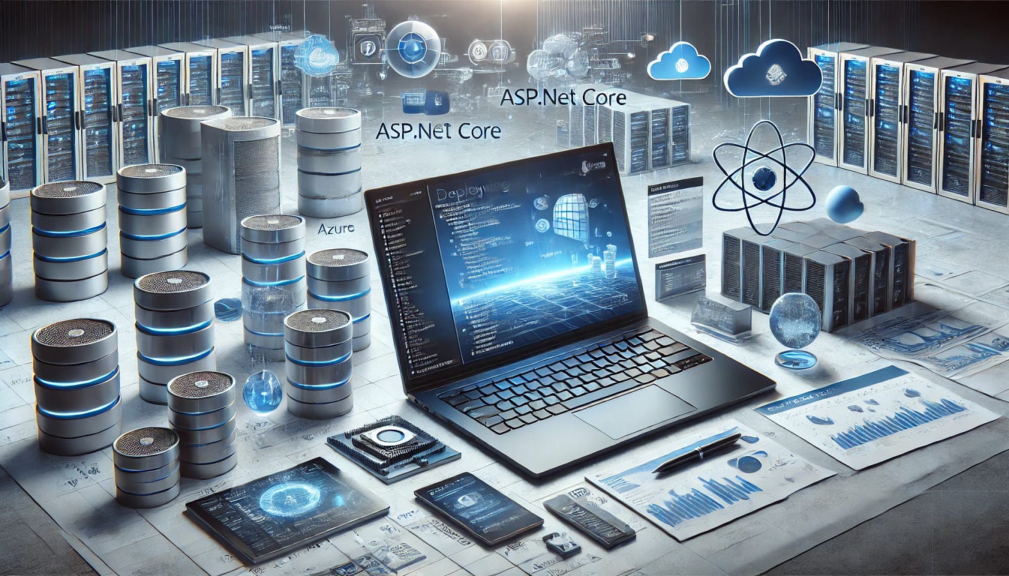 Realistic image of deploying ASP.NET Core apps to Azure, featuring cloud servers and a developer's laptop.