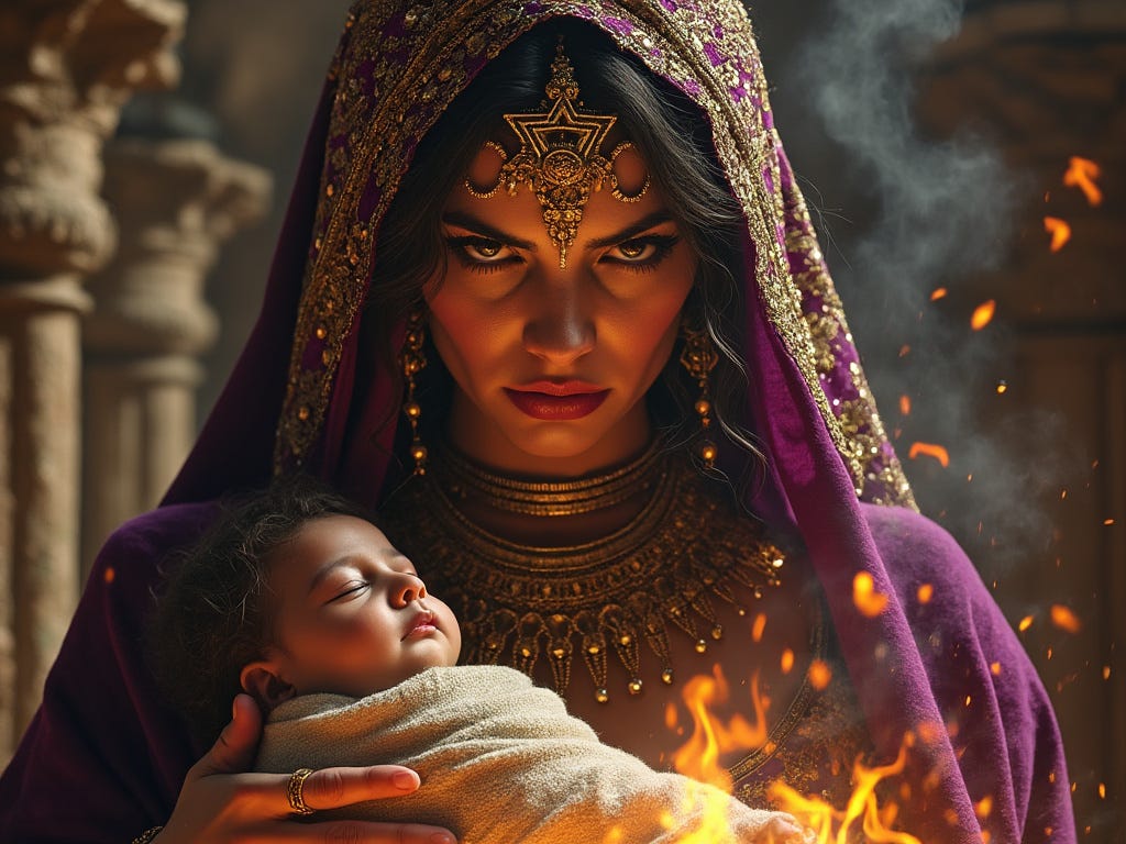 The image depicts a woman wearing elaborate, regal attire, including a purple veil adorned with gold jewelry and intricate details. Her expression is intense, with piercing eyes that convey a sense of power or determination. She holds a sleeping baby in her arms, wrapped in a blanket. The scene appears to be set in a dramatic, possibly ritualistic setting, eluding to child sacrifice, with glowing embers or flames rising in the foreground, adding to the mystique and gravity of the moment. The background is composed of ancient stone structures, enhancing the sense of history.