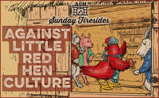 Hen along with goat, pig and cat discussing about culture by Sunday Firesides.