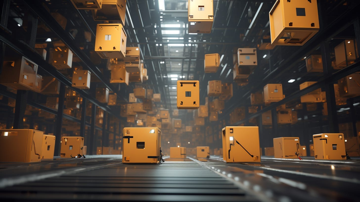 Futuristic crates going through conveyor belt.