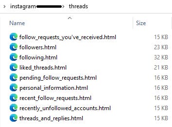 Screenshot showing files returned for the "Threads" Instagram data category.