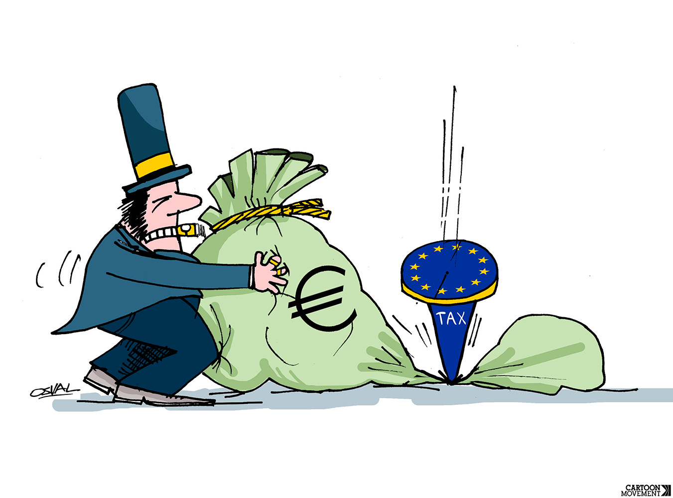 Cartoon showing a rich man dragging a bag of money, A giant pin with the word ‘tax’ on it and the EU logo drops out of the sky to pin down the money bag in such a way that about a third of it cannot be dragged away.