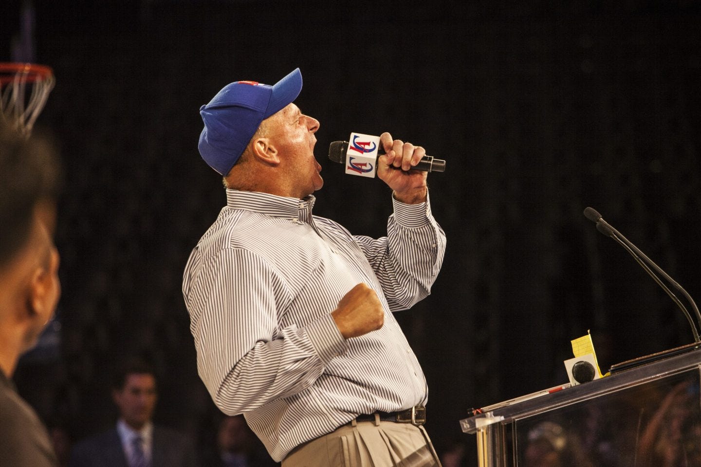 Steve Ballmer, former Microsoft CEO and current owner of the LA Clippers, at a fan rally in Staples Center.