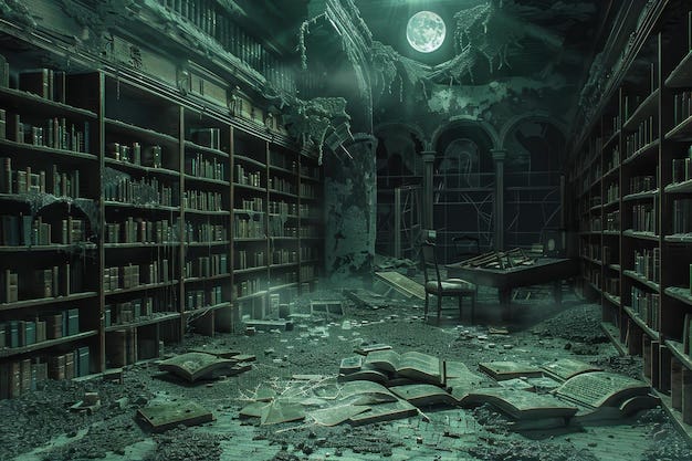 An abandoned library with a spooky atmosphere | Premium AI-generated image