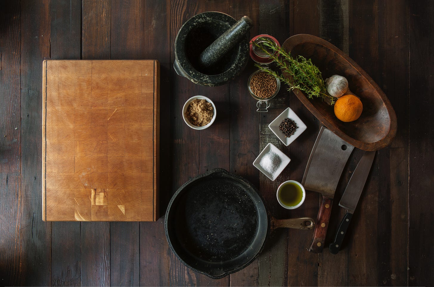 Herbal imgdients, chopping board & pestle & mortar