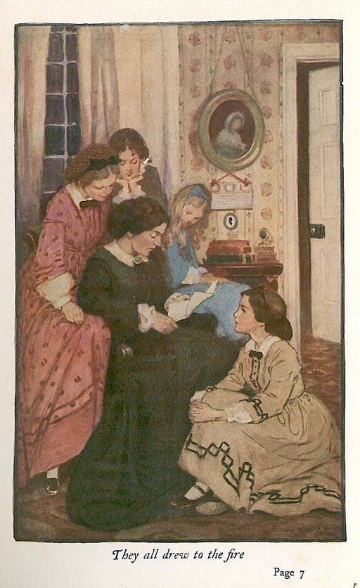 marmee reads a letter illutstration from Little Women by Jessie Willcox Smith