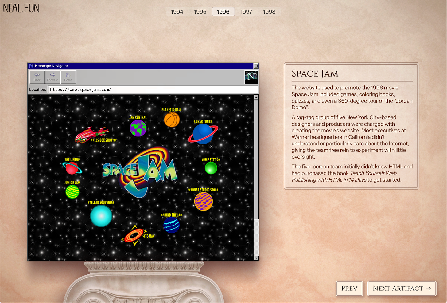 A screenshot of Internet Artifacts for the Space Jam website page. It features a screenshot of the original webpage in a Netscape browser. You could navigate to different parts of the site by clicking on different cartoon planets orbiting a Space Jam movie logo. It looked really cool in 1996.   