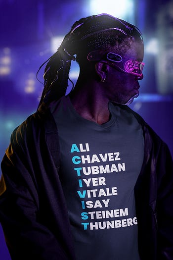 BIPOC man with laser glasses and long dreads with wires wearing a dark blue t shirt with Activist on - Ali, Chavex, Tubman, Iyer, Vitale, Isay, Steinham, Thunberg