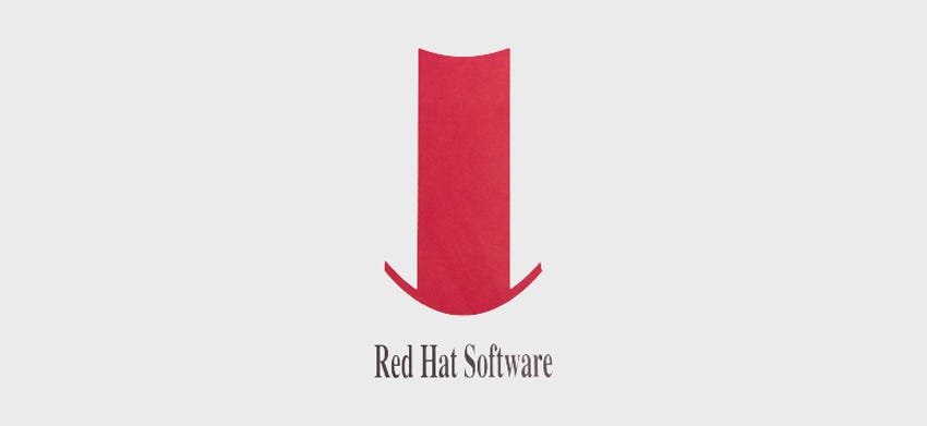An absurdly tall, red top hat with the words Red Hat Software in a serif font below.
