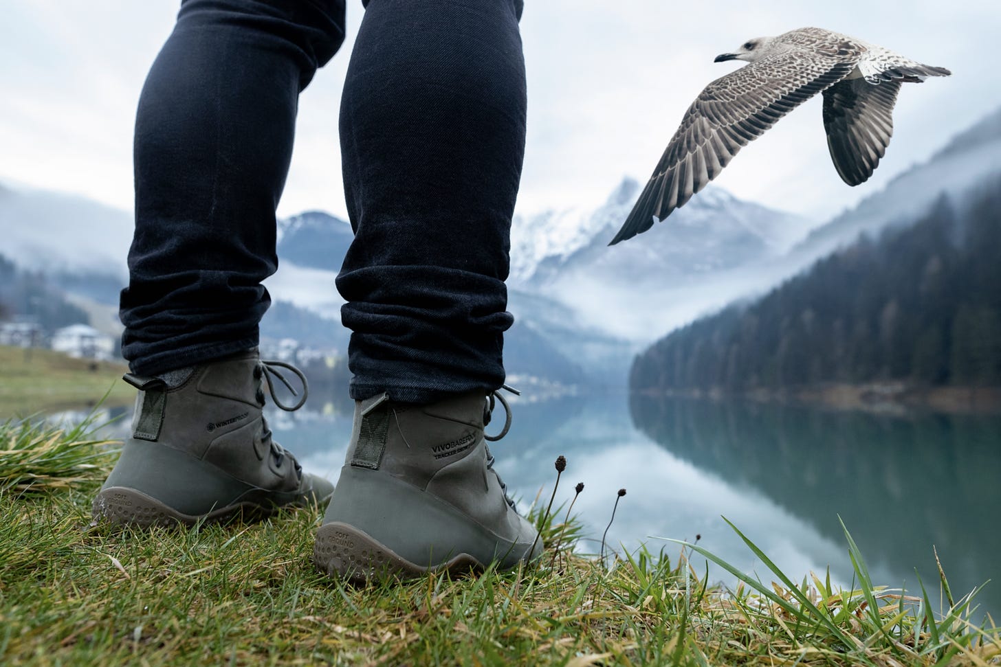A pair of denim clad legs in hiking boots stand on green grass before a river, and snow capped mountains in the distance. A bird is flying toward the mountains.