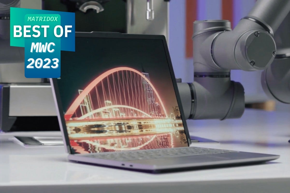 The Lenovo rollable laptop concept with a Best of MWC 2023 award badge.