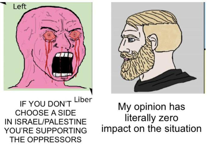 Left Liber IF YOU DON'T My opinion has literally zero impact on the situation CHOOSE A SIDE IN ISRAEL/PALESTINE YOU'RE SUPPORTING THE OPPRESSORS