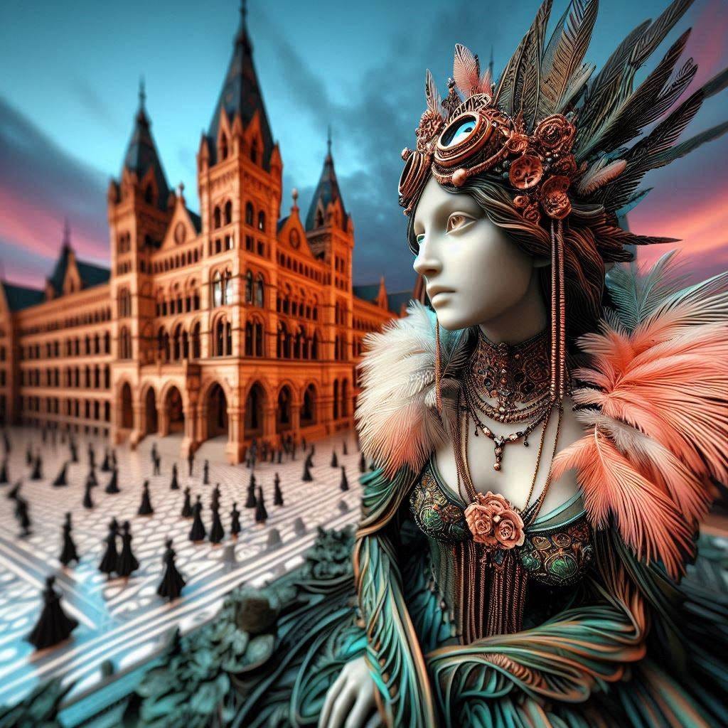 hyper realistic tiltshift 5d angle glass embedded Altgeld hall building/ black,coral orange, pink, cream, olive/ woman inside Altgeld hall in olive,chartrues,midnightblue, white Victorian bust / drewhite feather scarf/ psychadelic steampunk headress/she is sitting on a unicorn. water in resin/ honey-wood and copper/ Marquetry, verdigris./ standing on stage/ people dancing in distance/ In the style of Michael Parkes. black etching/ black linework/ white tiger / black sky 