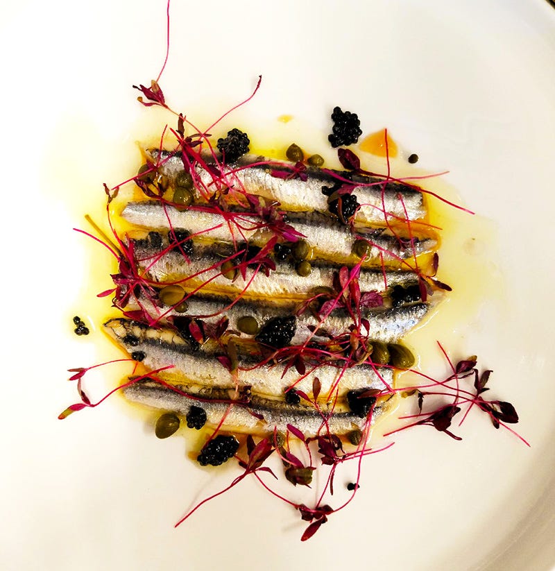 Boquerones on a plate with capers and olive oil. 