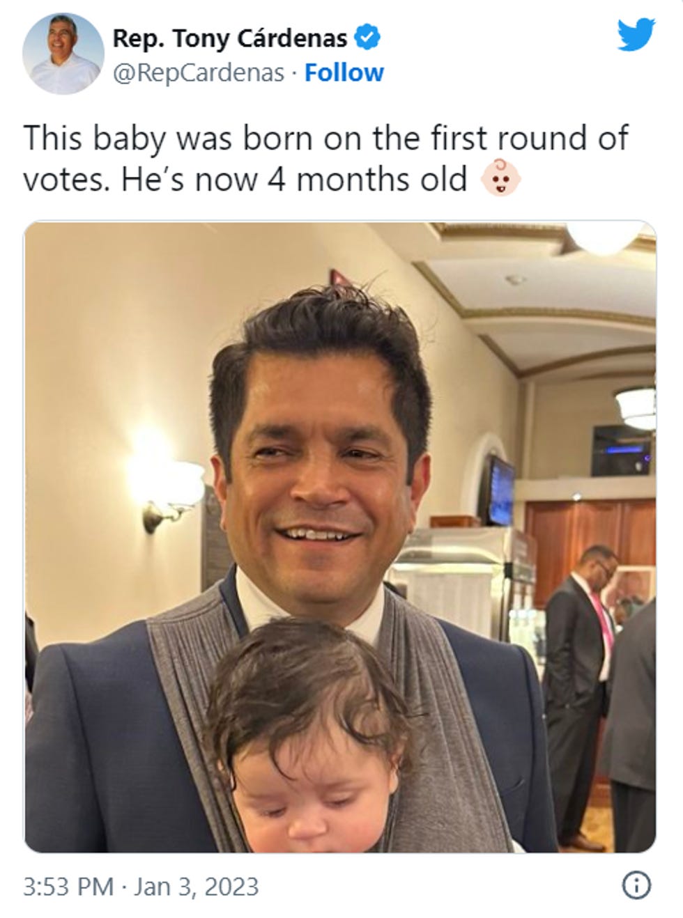 Tony Cardenas tweet: This baby was born on the first round of voting. He's now four months old. 