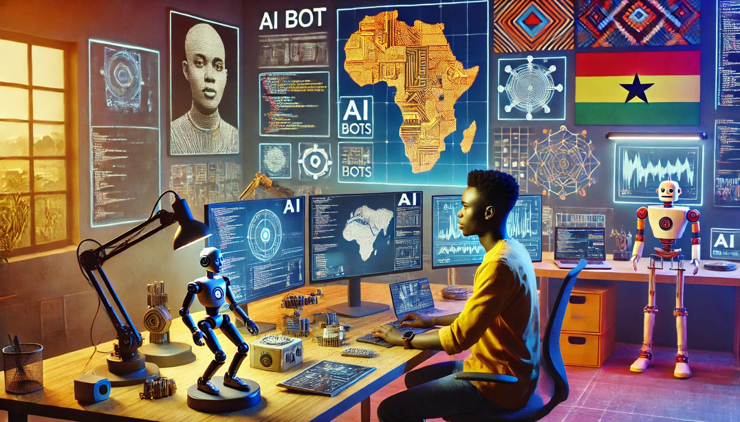 An African computer scientist working on an AI bot in a modern tech lab in Africa. The scientist, a young man with short hair, is surrounded by computer screens displaying AI models, code, and data visualizations. The setting includes advanced tech equipment like a robotic arm and a 3D-printed prototype on a desk. In the background, there is a map of Africa on the wall with markers for tech hubs, emphasizing the African context. The atmosphere is vibrant and futuristic, with a blend of traditional African motifs subtly integrated into the decor, like patterns on the walls or desk.