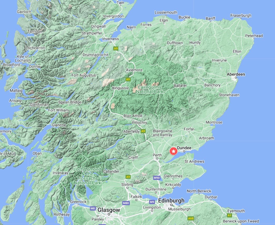 Map of Scotland showing the location of Rossie in Angus, west of Dundee