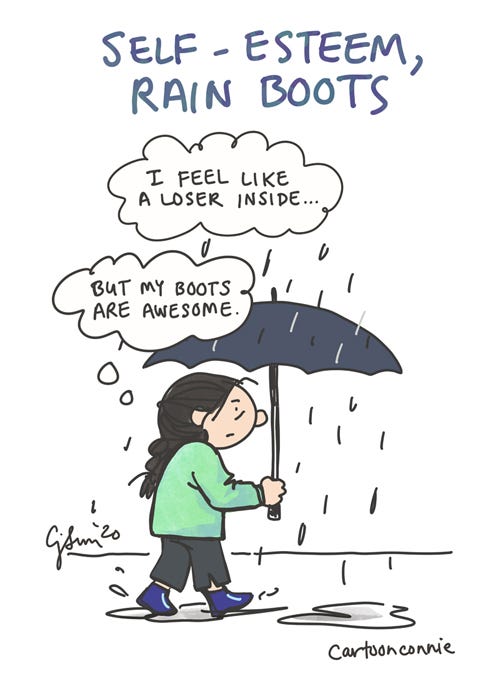 sketchbook drawing about the daily negotiation of self-esteem, rain boots, rainy day, illustration, by connie sun, cartoonconnie