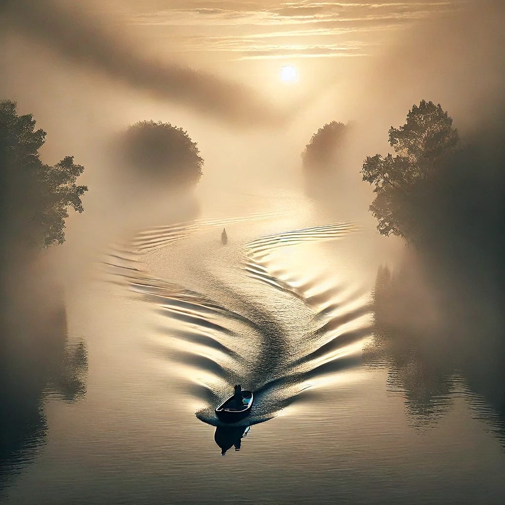 A captivating image of a small boat navigating through a foggy river at dawn, symbolizing the journey of navigating through uncertainty and the steady pursuit of goals amidst unclear paths. The soft morning light and the misty river create a serene yet mysterious atmosphere.