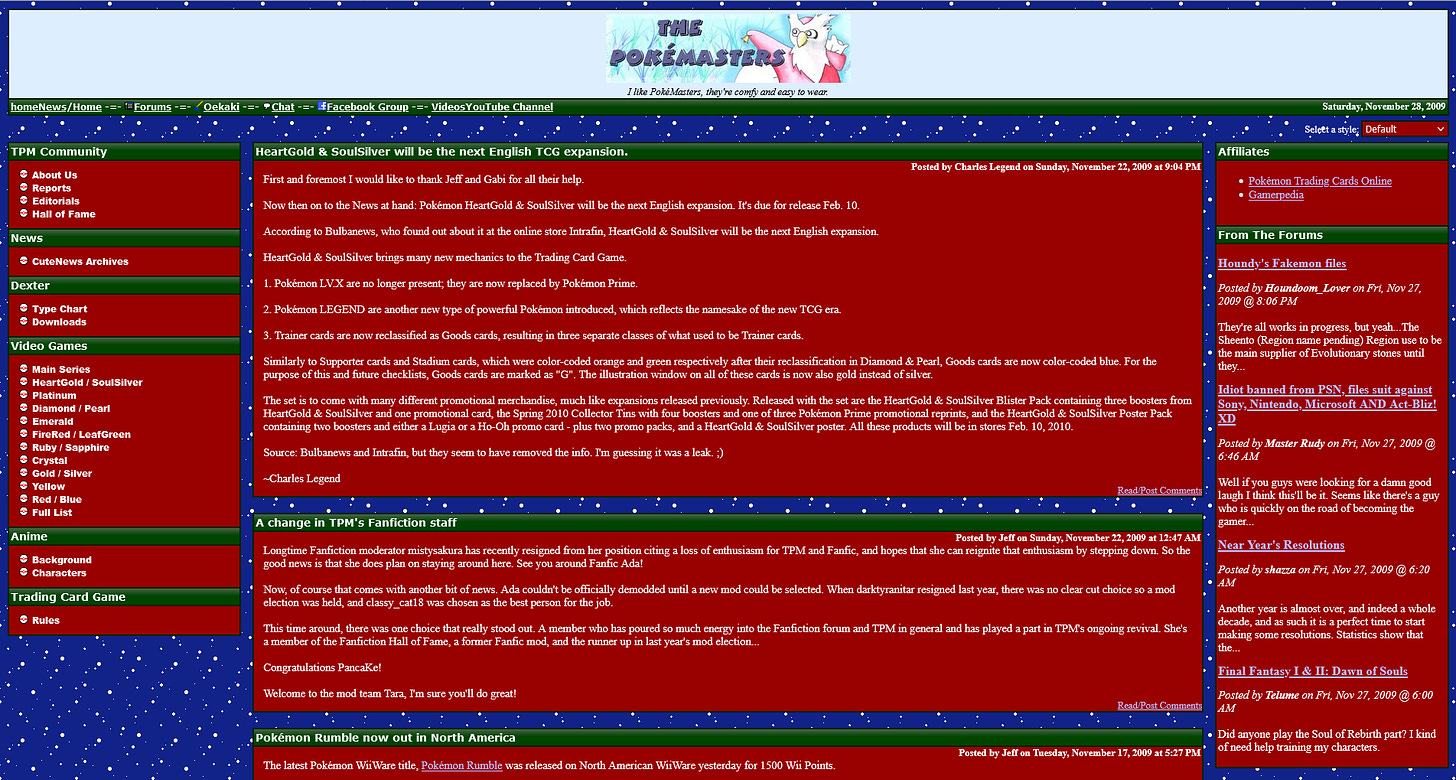 The PokéMasters website from November 2009The Pokémasters website from November 2009