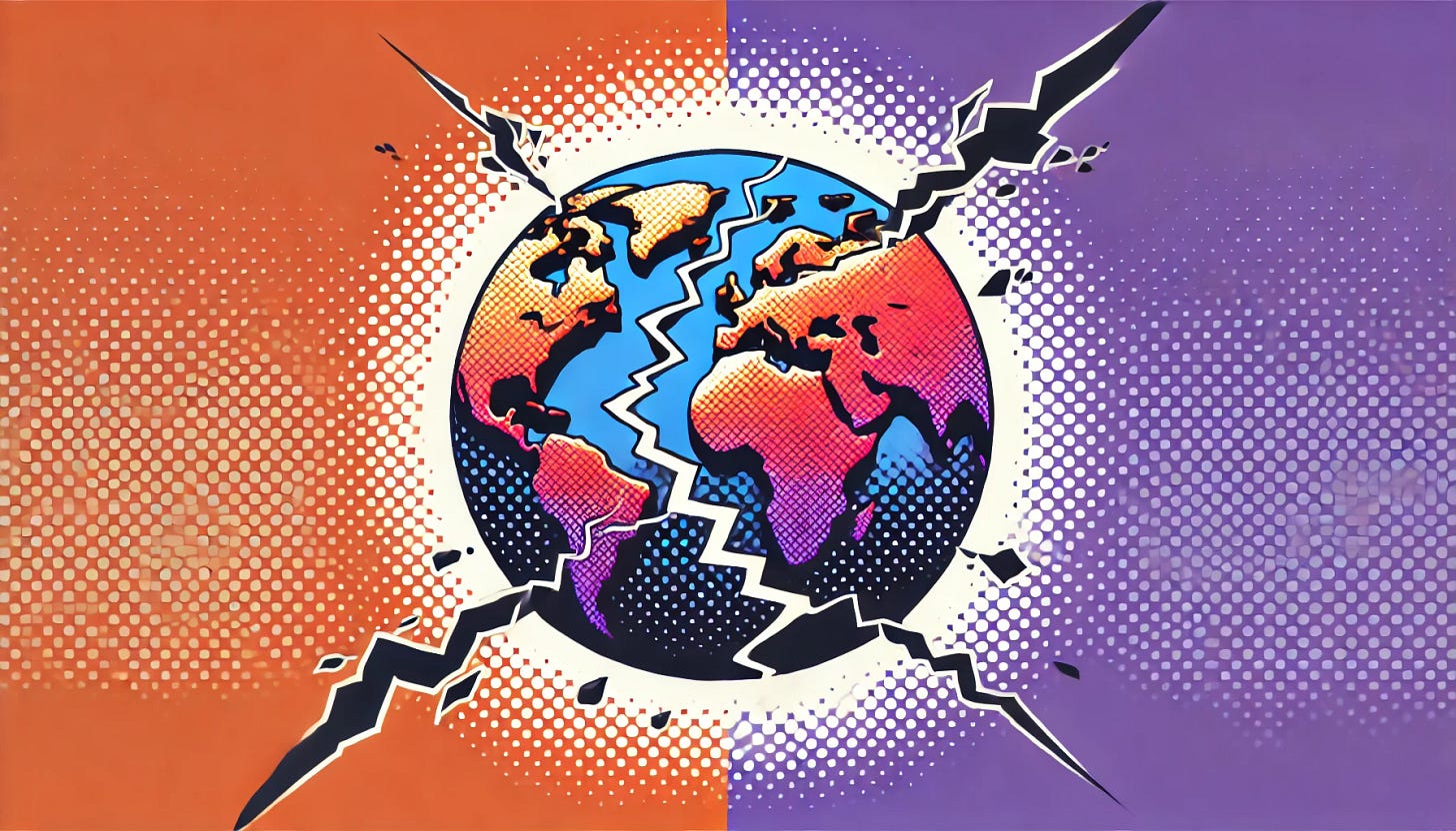 A pop art style illustration depicting a continent splitting apart. The color palette is restricted to bright purple, bright orange, black, and white, with a white background. The design features large cracks forming across the landmass, with sections of the continent drifting away from each other, symbolizing division and transformation. The scene is clean and minimal, emphasizing the dramatic nature of the split.