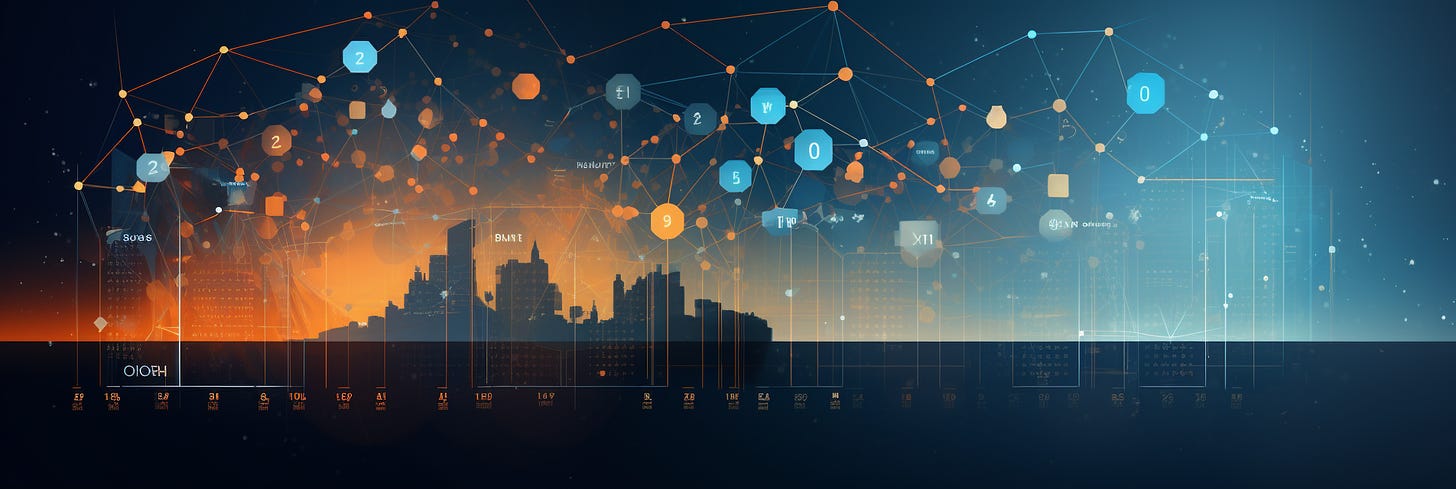 A digital cityscape at sunset with a network of interconnected nodes and data points overlayed, displaying numbers and icons linked by lines.
