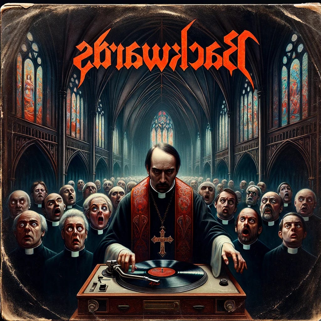 Imagine a vintage heavy metal album cover for 'Backwards' with the title printed backwards. The scene is set in a grand, gothic church with high vaulted ceilings and stained glass windows. In the center, a priest, clad in traditional vestments, is intensely focused on playing a vinyl record on an old turntable. Around him, a congregation of parishioners is depicted with expressions of shock and fear, their eyes wide and mouths agape. The color palette is dark and moody, with deep reds, blacks, and shadowy blues. The artwork has a realistic yet slightly exaggerated style, capturing the essence of vintage heavy metal. The album cover looks scuffed and well-played, adding to its authenticity.