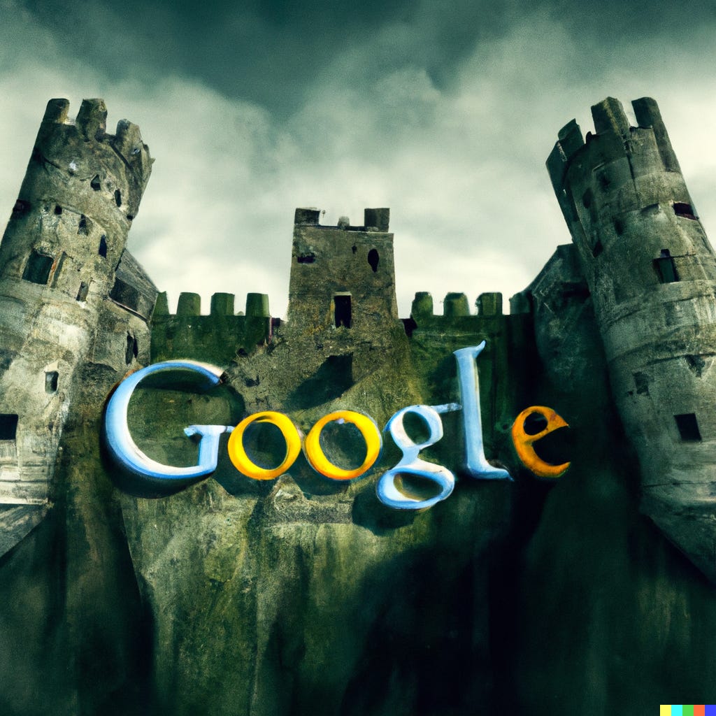 DALL·E 2023-05-15 19.06.07 - The Google g on top of the walls of a mystical castle with a dramatic moat, photorealistic.png