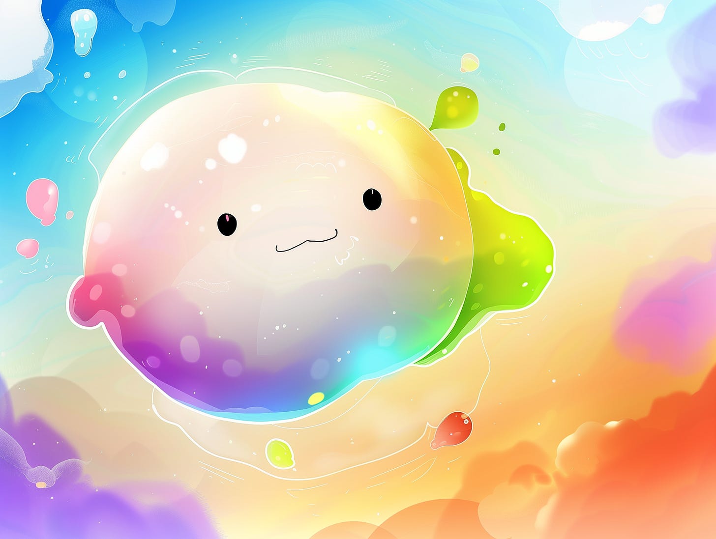 A colorful illustration of a cute, floating blob with a rainbow gradient. The blob has big, round eyes and a small smile, set against a pastel, cloudy background.