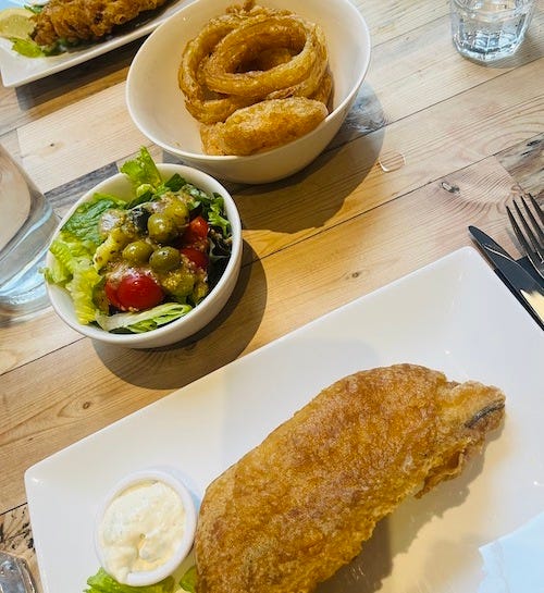 fish and chips, onion rings, salad - hobson's london