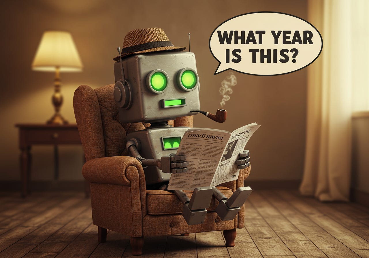 Cute robot sitting on an arm chair smoking a pipe, holding a newspaper, asking "What year is this?!"