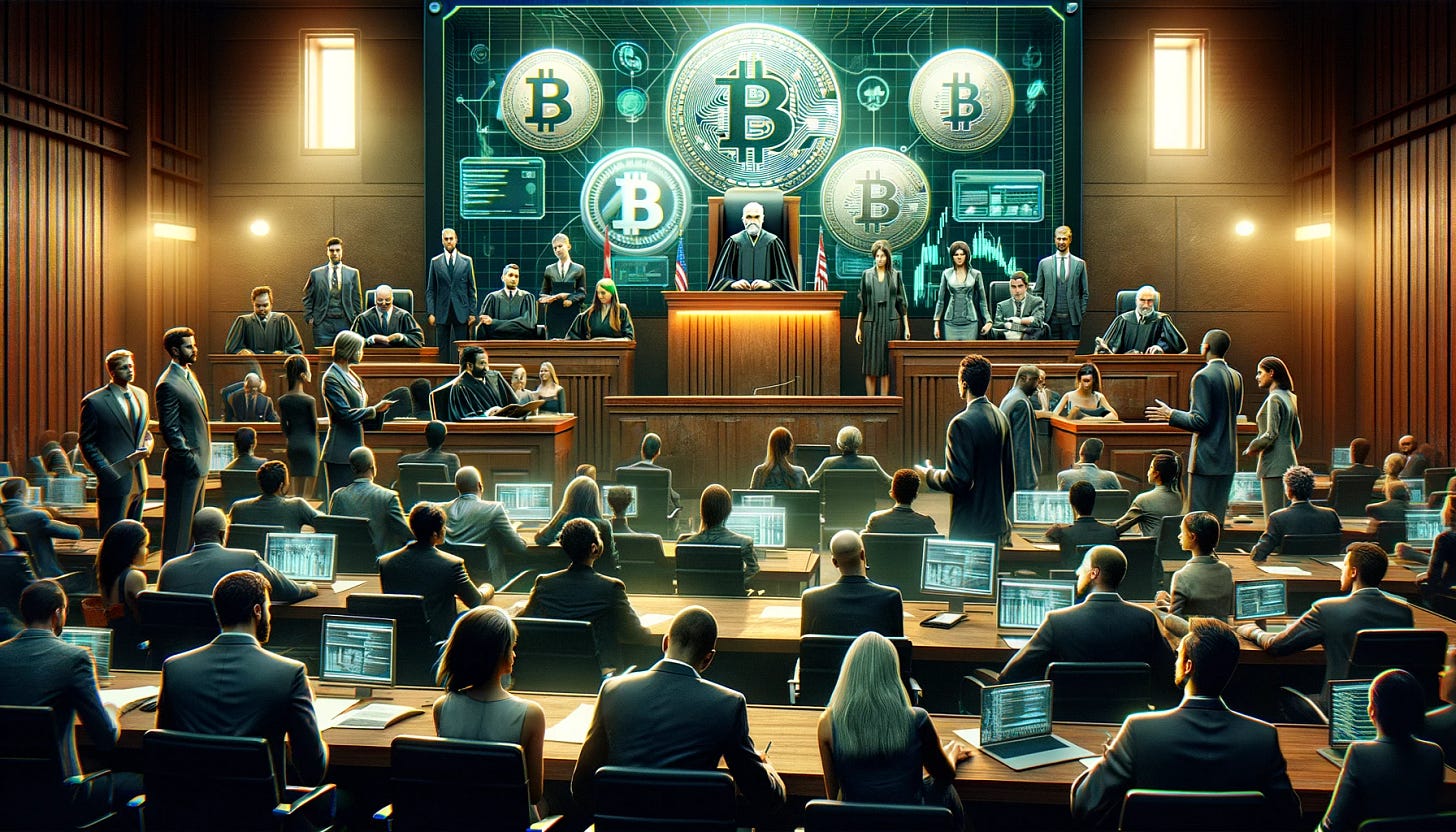 A dramatic courtroom scene depicting a fictional lawsuit against a major cryptocurrency exchange. The courtroom is packed with people. At the center, a judge sits elevated, looking stern and focused. Lawyers present their arguments passionately, one group representing the government, and another representing the cryptocurrency exchange. The setting is modern and technologically advanced, with screens displaying cryptocurrency symbols and legal documents. The atmosphere is tense, as the outcome of this case could have major implications for the crypto industry. Everyone in the scene is diverse in gender and descent.