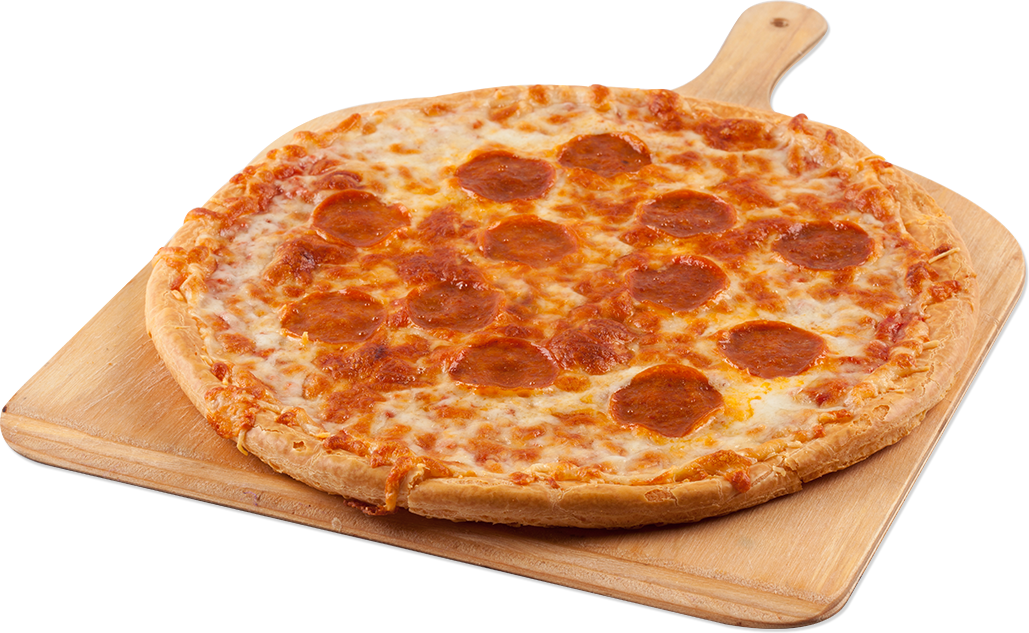pepperoni pizza with pepperoni scattered mostly in the middle